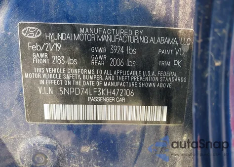 2019 Hyundai Elantra Se z USA, uszkodzony, nr VIN 5NPD74LF3KH472106